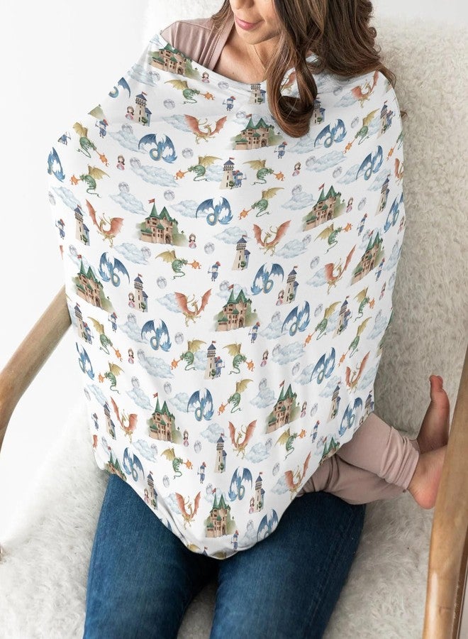 ZoUbqchY Fairytale Dragon and Knights Car Seat Cover for Babies Fantasy Dragons Princess Castle Stretchy 5-in-1 Cover Adjustable Infant Carseat Cover Canopy Moon Clouds Breathable Nursing Cover-Up - Image 3